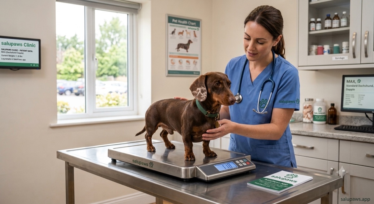 Puppy being weighed on a veterinary scale during a check-up