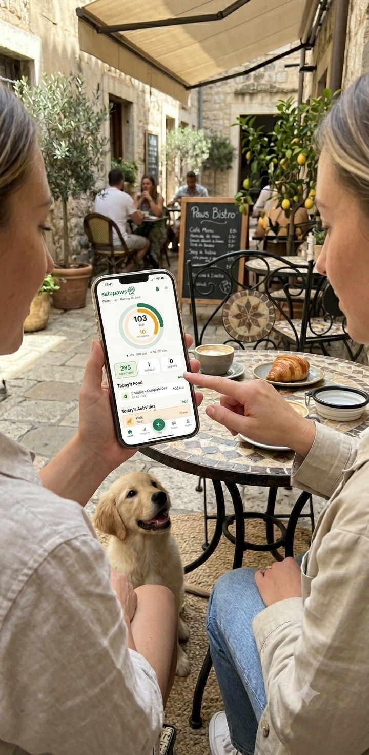 Two dog owners at a café checking their golden retriever puppy's calorie target on the SaluPaws app