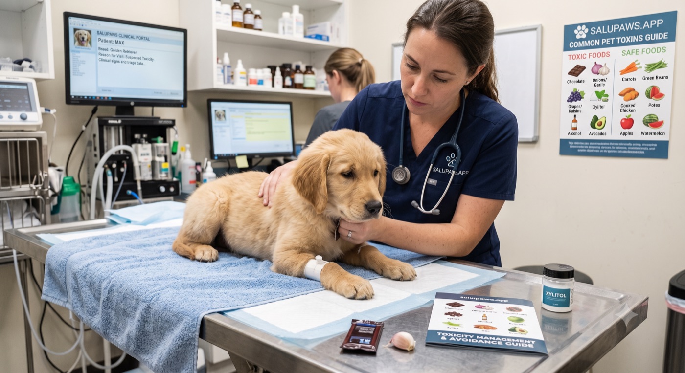 Vet giving a dachshund a check-up at a clinic with a SaluPaws toxic and safe foods chart on the wall