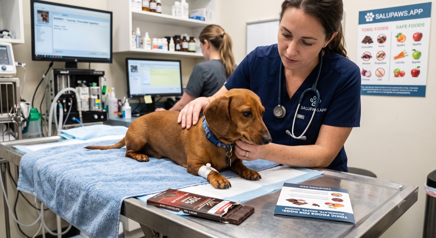 Vet examining a dachshund at a clinic after chocolate ingestion, with a dark chocolate bar on the examination table