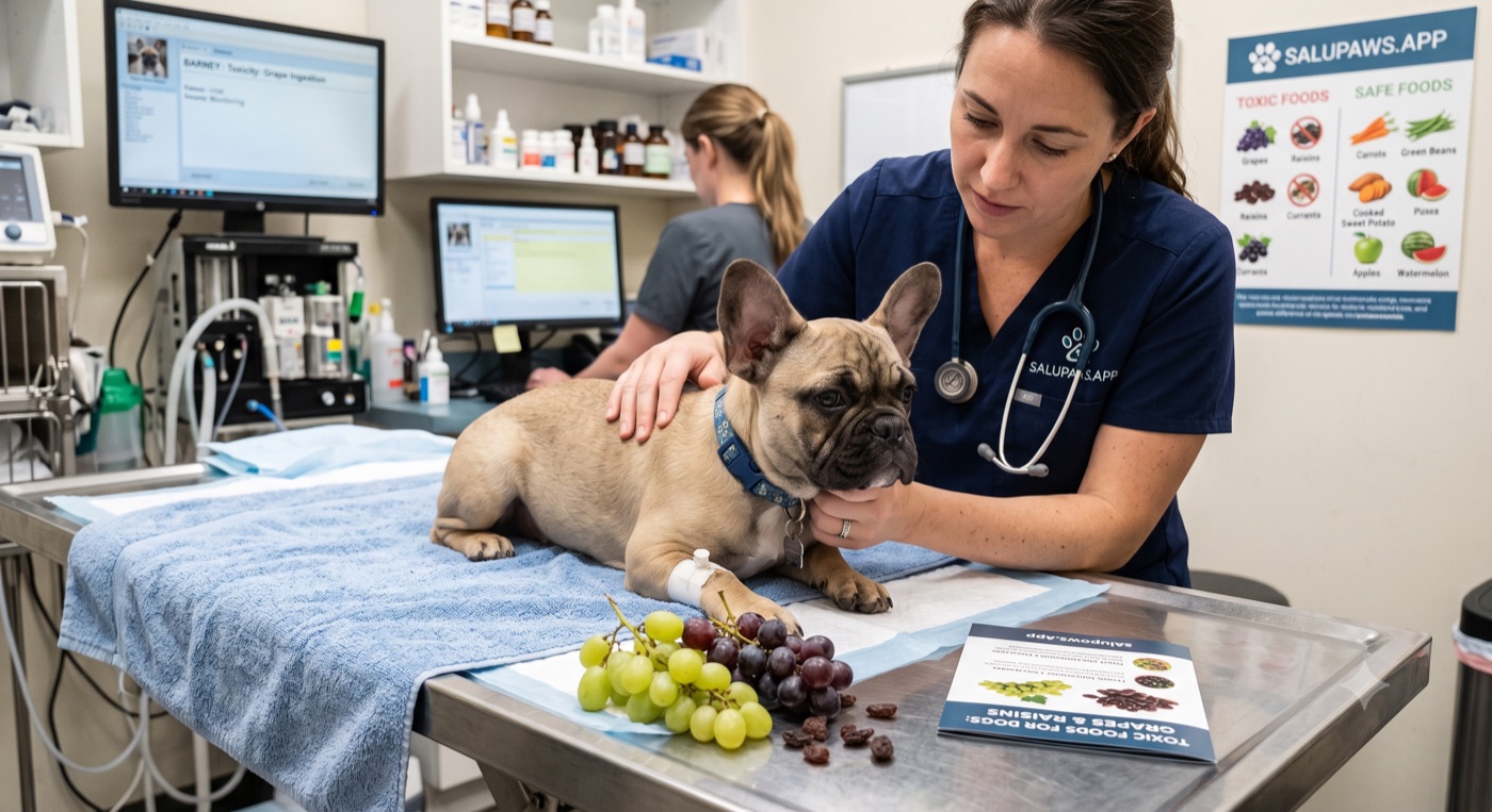 Vet examining a French Bulldog in a clinic with grapes on the table and a SaluPaws toxic and safe foods chart on the wall