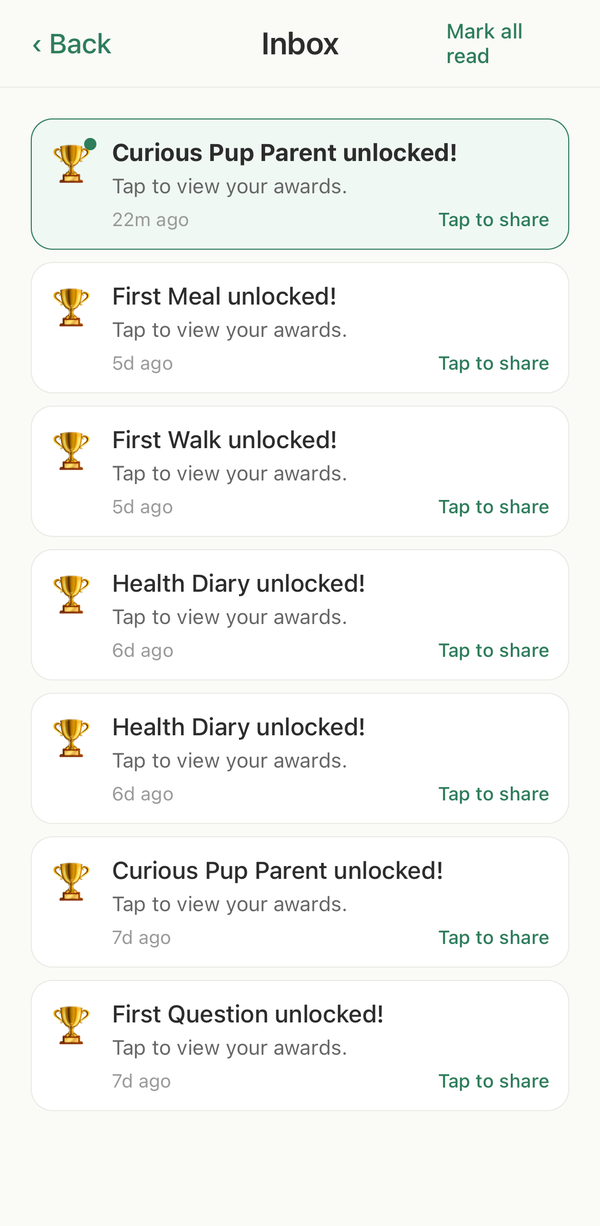 Achievements and awards earned in the app
