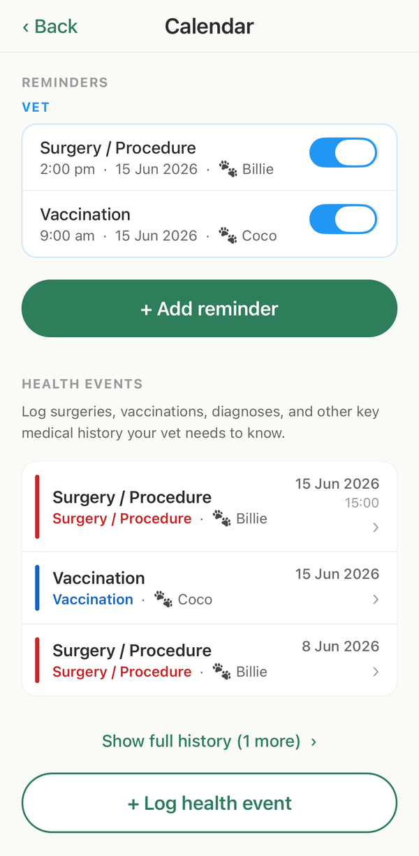Health calendar with vaccination and vet reminders