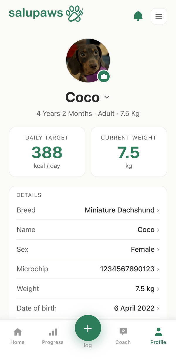 Dog profile with breed, age and weight